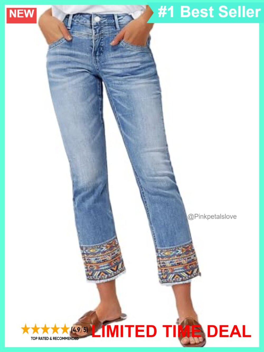 Straight Leg Cropped Jeans Tribal Embroidery Raw Hem Stretchy Denim